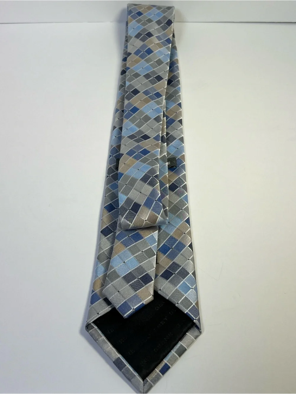 Geoffrey Beene Plaid Check Woven Men’s Tie Blue Gray Tan Polyester Geometric